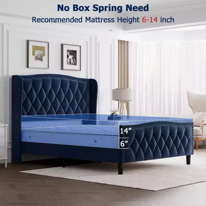Velvet Upholstered Full Size Platform Bed with Wingback Headboard