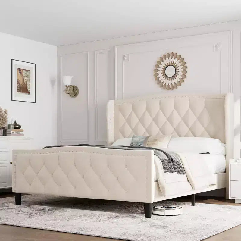 Velvet Upholstered Full Size Platform Bed with Wingback Headboard