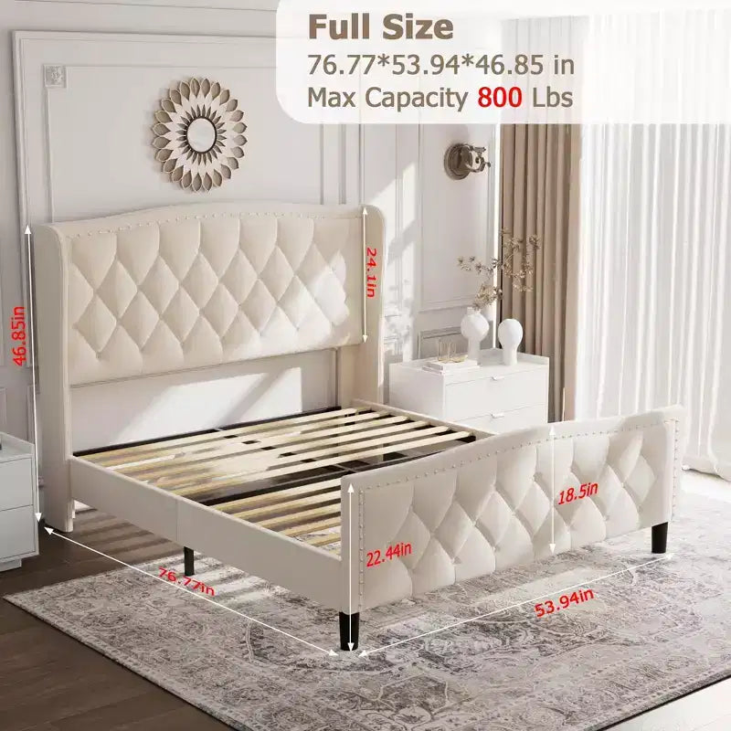 Velvet Upholstered Full Size Platform Bed with Wingback Headboard