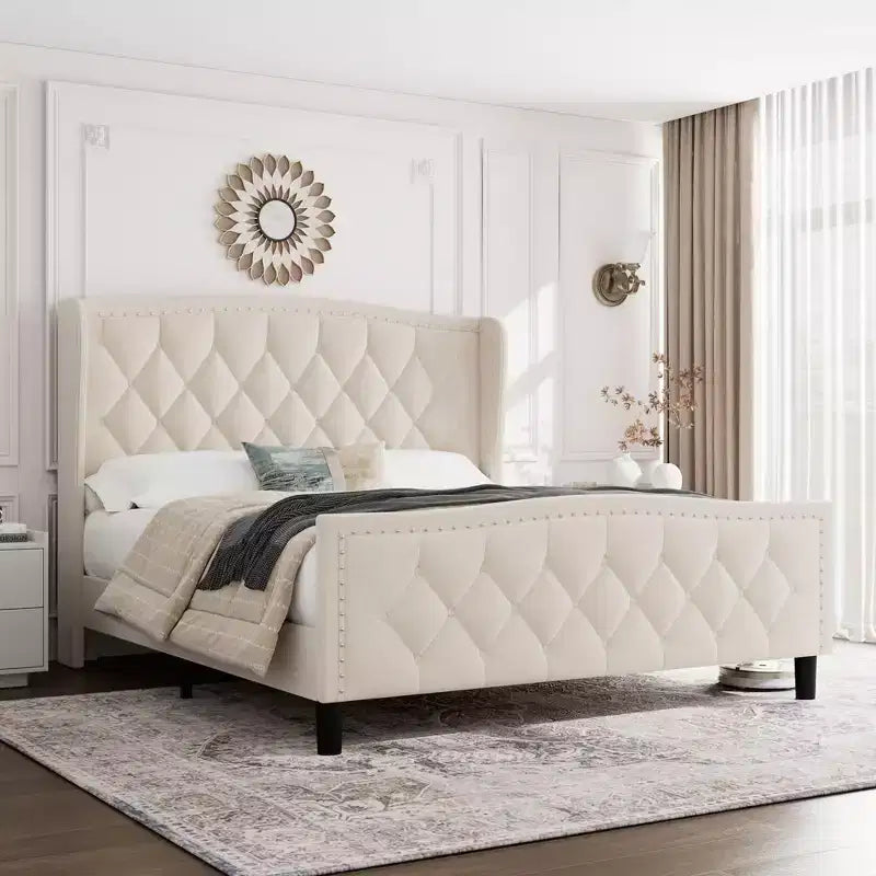 Velvet Upholstered Full Size Platform Bed with Wingback Headboard