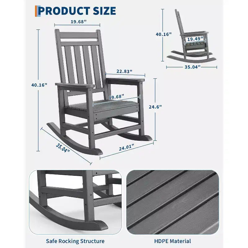 Rocking Chair, All Weather HDPE Plastic Patio Rocker Chair with Wide Armrests, Classic Fire Pit Chair for Porch, Deck, Lawn, Garde