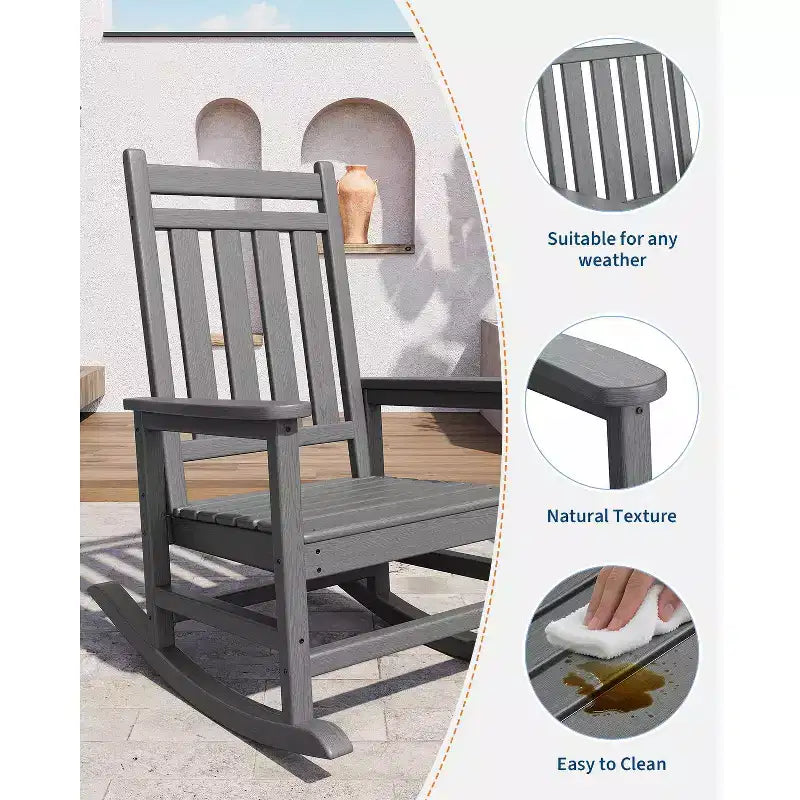 Rocking Chair, All Weather HDPE Plastic Patio Rocker Chair with Wide Armrests, Classic Fire Pit Chair for Porch, Deck, Lawn, Garde