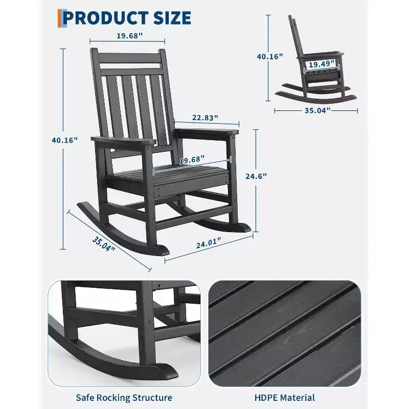 Rocking Chair, All Weather HDPE Plastic Patio Rocker Chair with Wide Armrests, Classic Fire Pit Chair for Porch, Deck, Lawn, Garde