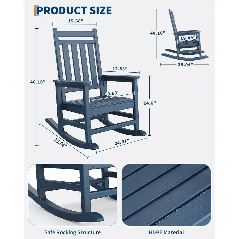 Rocking Chair, All Weather HDPE Plastic Patio Rocker Chair with Wide Armrests, Classic Fire Pit Chair for Porch, Deck, Lawn, Garde