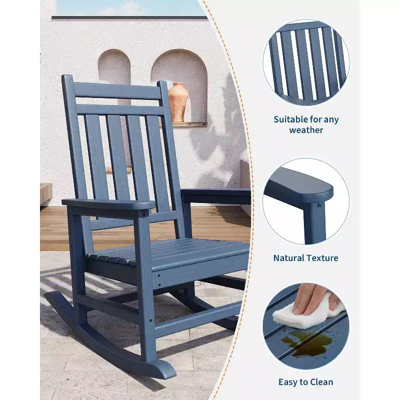 Rocking Chair, All Weather HDPE Plastic Patio Rocker Chair with Wide Armrests, Classic Fire Pit Chair for Porch, Deck, Lawn, Garde