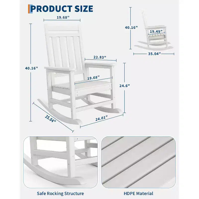 Rocking Chair, All Weather HDPE Plastic Patio Rocker Chair with Wide Armrests, Classic Fire Pit Chair for Porch, Deck, Lawn, Garde
