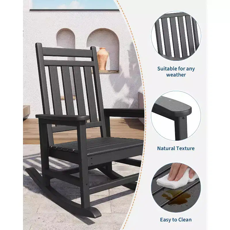 Rocking Chair, All Weather HDPE Plastic Patio Rocker Chair with Wide Armrests, Classic Fire Pit Chair for Porch, Deck, Lawn, Garde