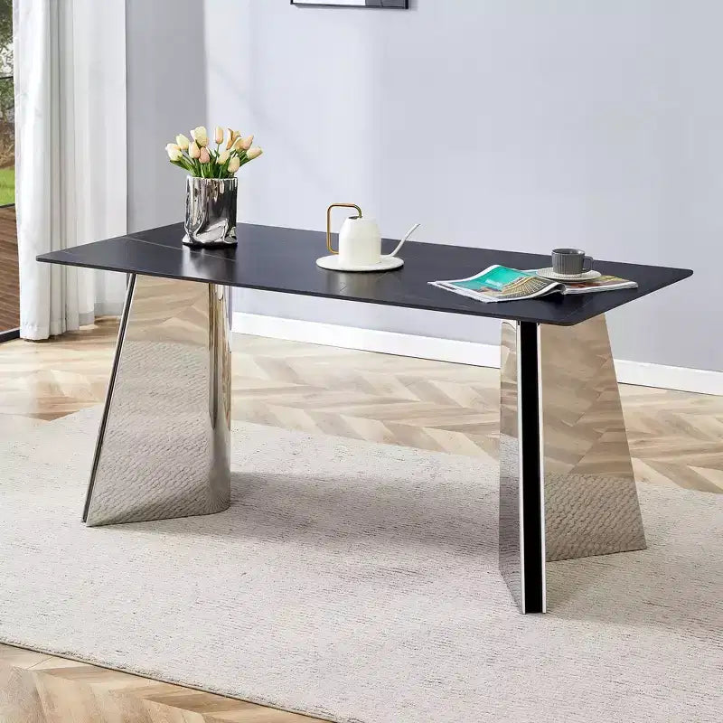 Okak 63 Modern Dining Table Kitchen Table, Counter Height Table with Imitation Marble and Curved Base for 6