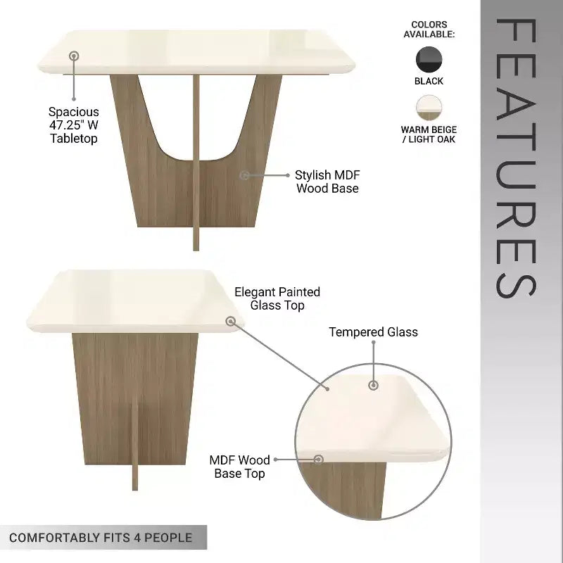 Okak Compact 4/6 Seater Italian Dining Table with Painted Glass Top and Wooden Base Kitchen Table for Kitchen, Dining Room