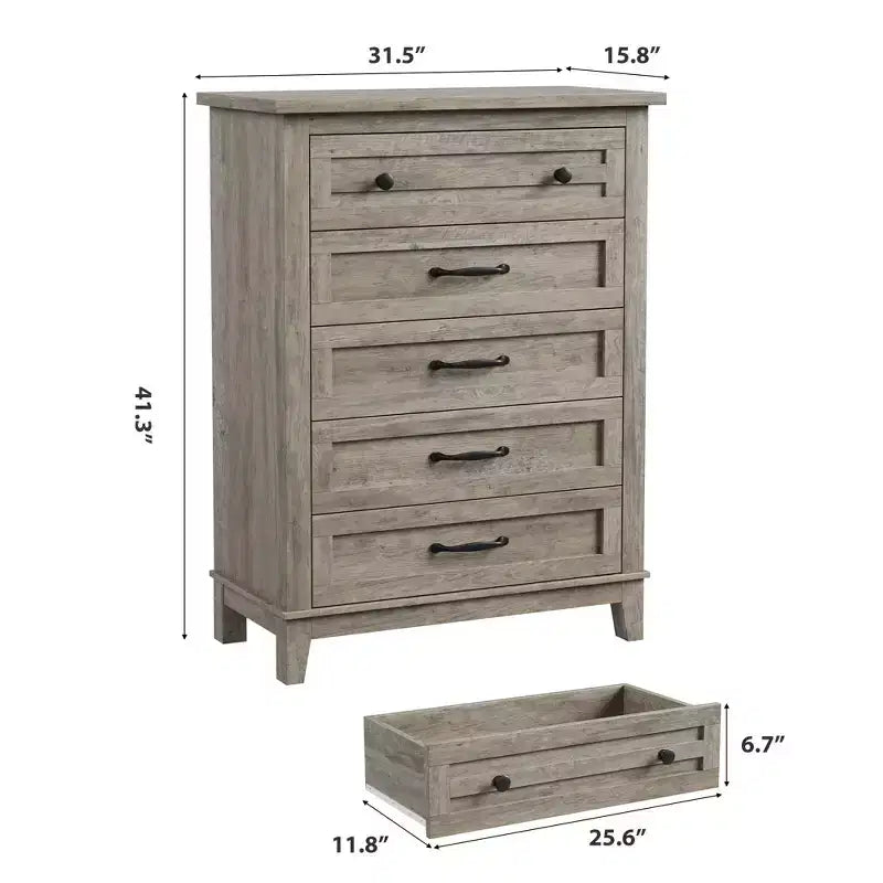 GustoWave 5 Dresser for Bedroom, 41.3 Tall Vertical Drawer Dresser with Large Storage, Freestanding Wooden Closet Chest for Bedroom, Living Room