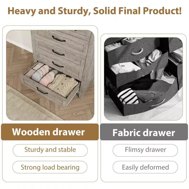 GustoWave 5 Dresser for Bedroom, 41.3 Tall Vertical Drawer Dresser with Large Storage, Freestanding Wooden Closet Chest for Bedroom, Living Room