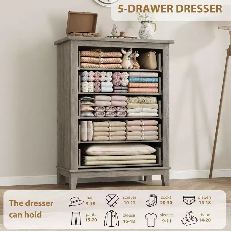 GustoWave 5 Dresser for Bedroom, 41.3 Tall Vertical Drawer Dresser with Large Storage, Freestanding Wooden Closet Chest for Bedroom, Living Room