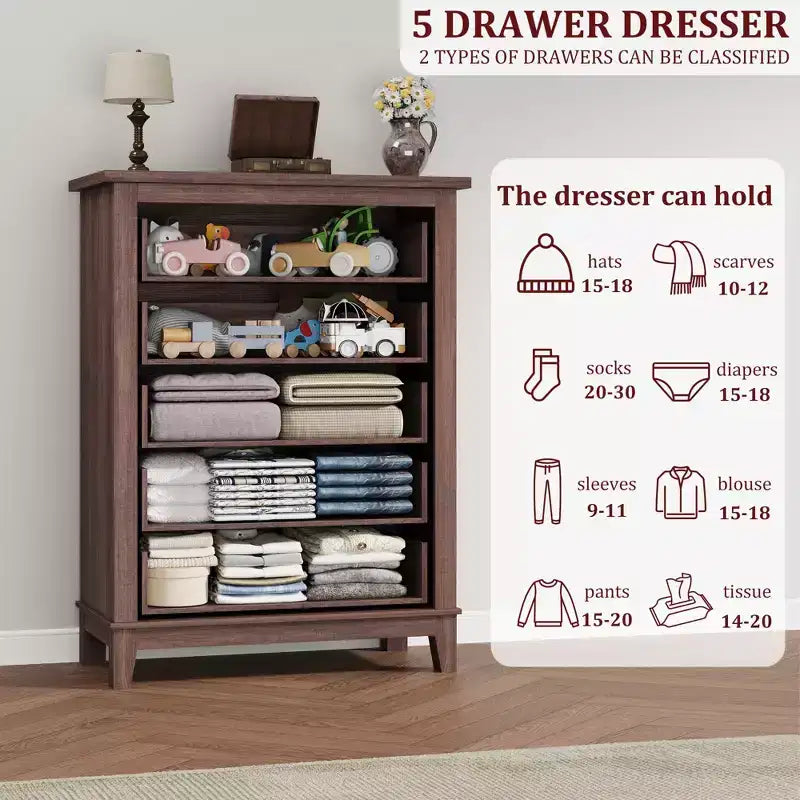 GustoWave 5 Dresser for Bedroom, 41.3 Tall Vertical Drawer Dresser with Large Storage, Freestanding Wooden Closet Chest for Bedroom, Living Room