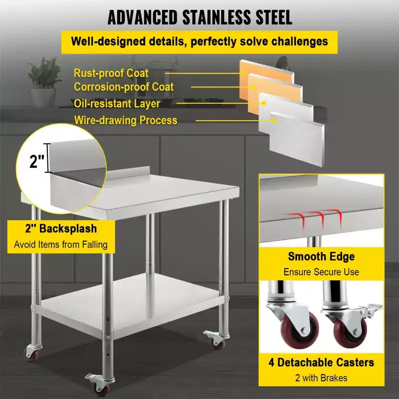 VEVOR Stainless Steel Prep Table, 30 x 24 x 35 Inch, 440lbs Load Capacity Heavy Duty Metal Worktable, Silver