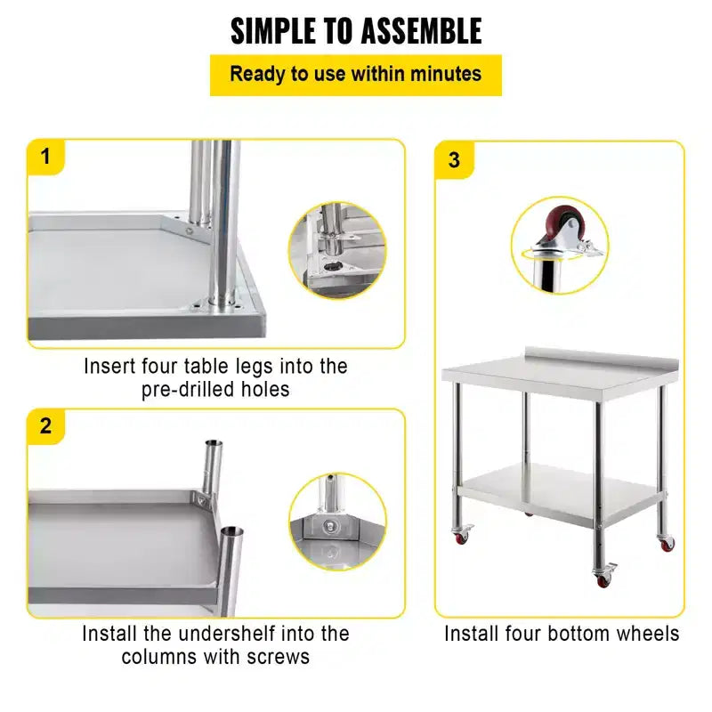 VEVOR Stainless Steel Prep Table, 30 x 24 x 35 Inch, 440lbs Load Capacity Heavy Duty Metal Worktable, Silver