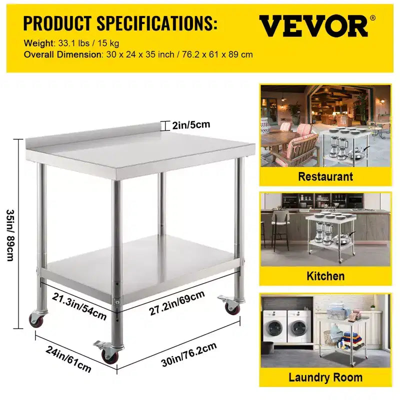 VEVOR Stainless Steel Prep Table, 30 x 24 x 35 Inch, 440lbs Load Capacity Heavy Duty Metal Worktable, Silver