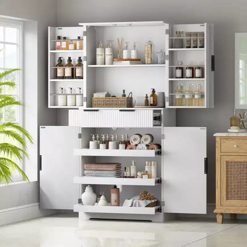 Okak Modern Fluted Kitchen Pantry Cabinet with 3 Keyboard Drawers, Freestanding Cupboard Buffet Storage Cabinet for Dining Room
