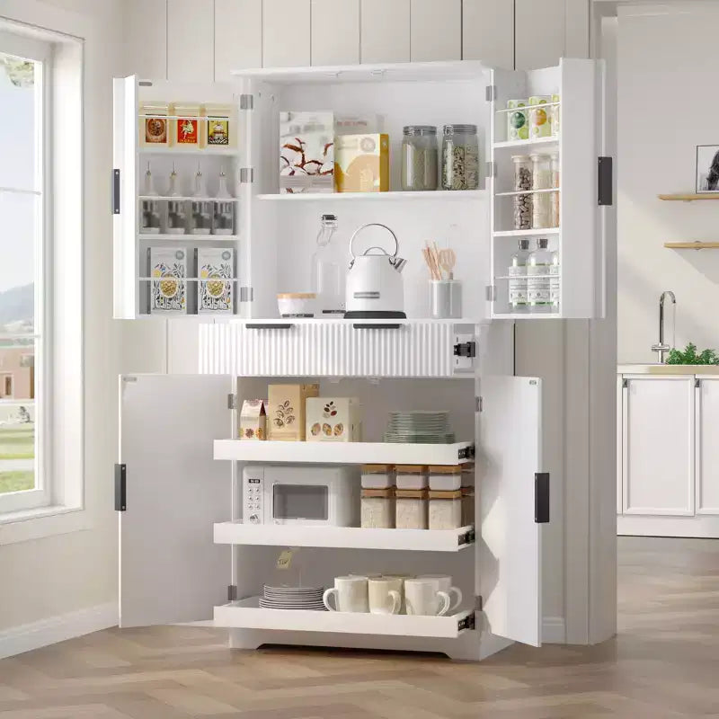 Okak Modern Fluted Kitchen Pantry Cabinet with 3 Keyboard Drawers, Freestanding Cupboard Buffet Storage Cabinet for Dining Room