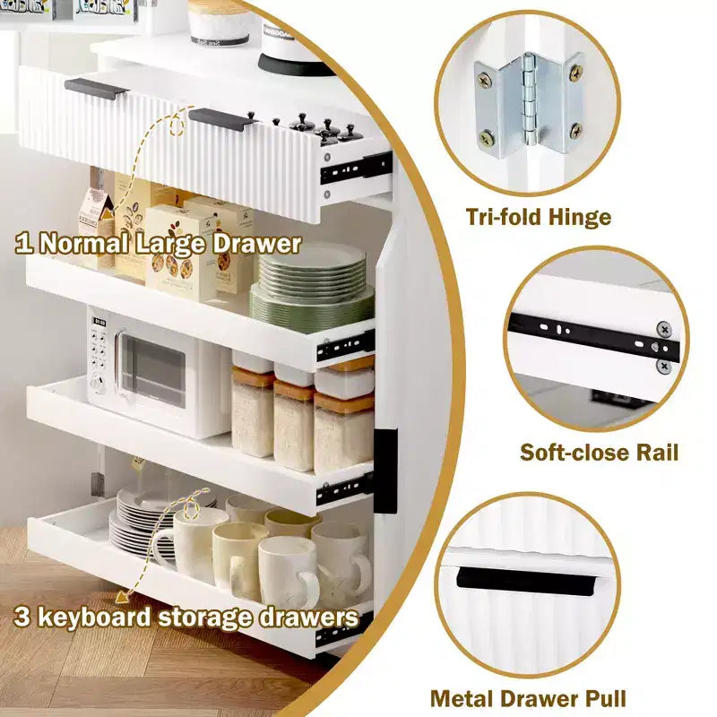 Okak Modern Fluted Kitchen Pantry Cabinet with 3 Keyboard Drawers, Freestanding Cupboard Buffet Storage Cabinet for Dining Room