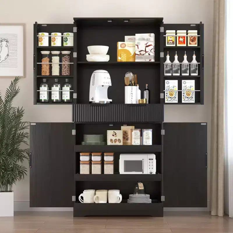 Okak Modern Fluted Kitchen Pantry Cabinet with 3 Keyboard Drawers, Freestanding Cupboard Buffet Storage Cabinet for Dining Room