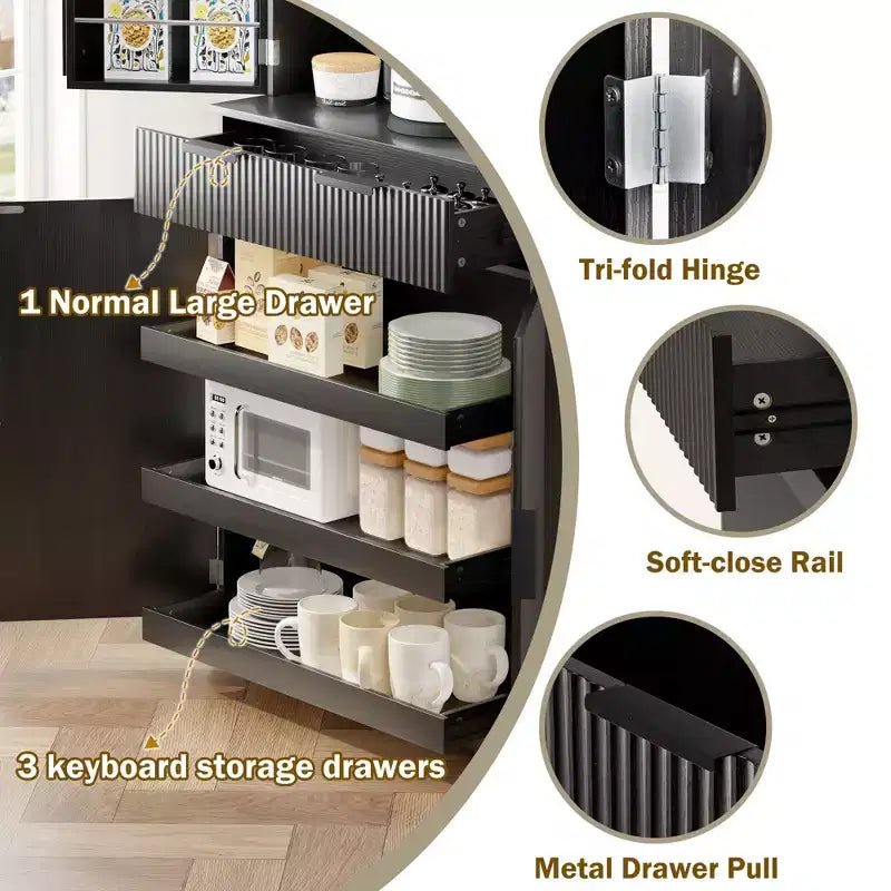 Okak Modern Fluted Kitchen Pantry Cabinet with 3 Keyboard Drawers, Freestanding Cupboard Buffet Storage Cabinet for Dining Room