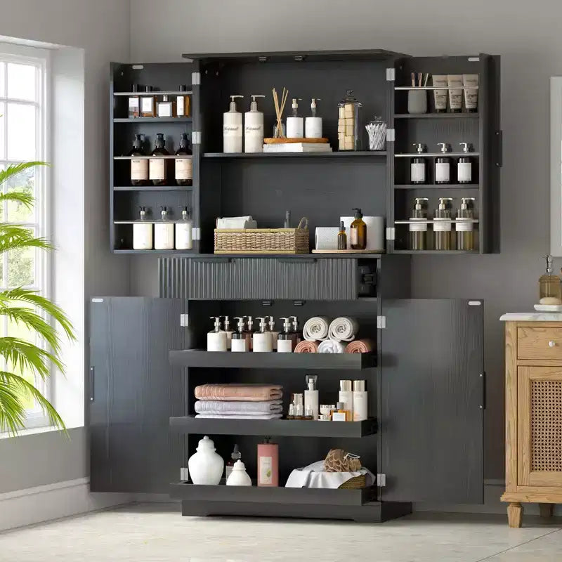 Okak Modern Fluted Kitchen Pantry Cabinet with 3 Keyboard Drawers, Freestanding Cupboard Buffet Storage Cabinet for Dining Room