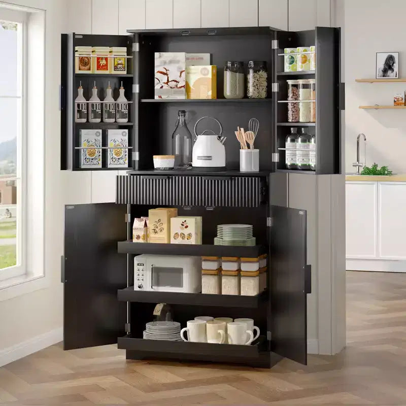 Okak Modern Fluted Kitchen Pantry Cabinet with 3 Keyboard Drawers, Freestanding Cupboard Buffet Storage Cabinet for Dining Room