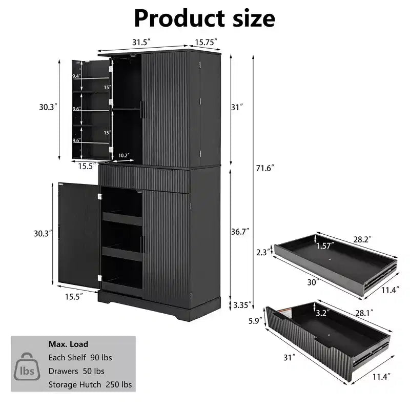 Okak Modern Fluted Kitchen Pantry Cabinet with 3 Keyboard Drawers, Freestanding Cupboard Buffet Storage Cabinet for Dining Room