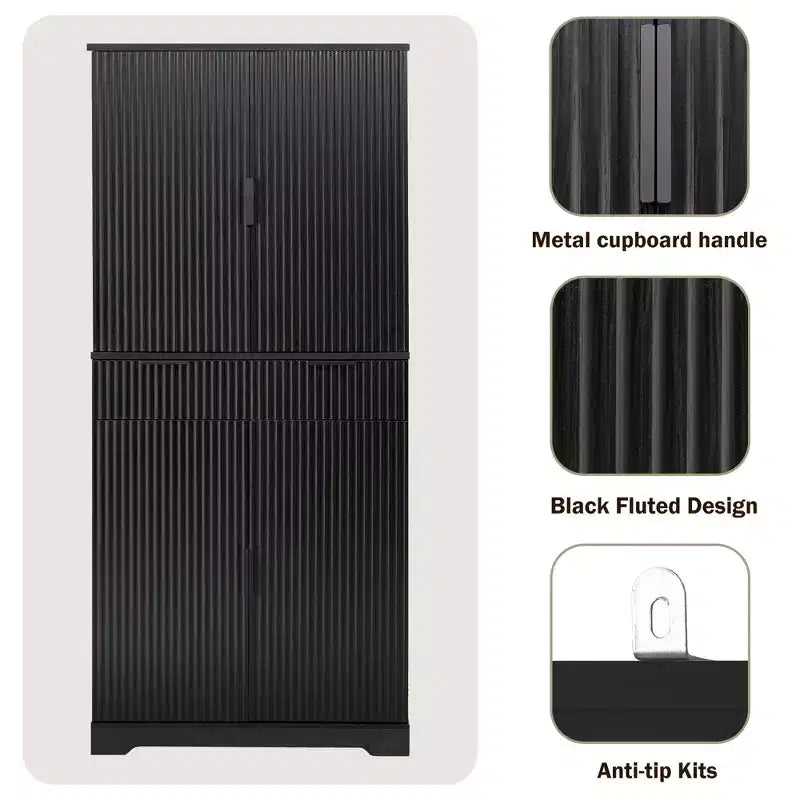 Okak Modern Fluted Kitchen Pantry Cabinet with 3 Keyboard Drawers, Freestanding Cupboard Buffet Storage Cabinet for Dining Room