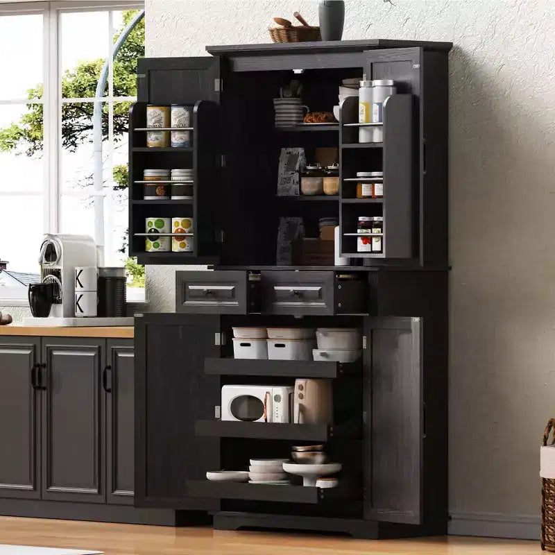 Okak 71 Embossed Texture Kitchen Pantry Sideboard Cabinet with Pull Out Storage, Freestanding Cupboard Buffet Cabinet for Kitchen Dining Room