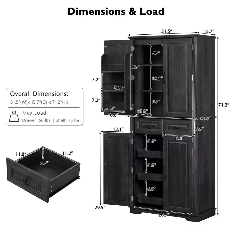 Okak 71 Embossed Texture Kitchen Pantry Sideboard Cabinet with Pull Out Storage, Freestanding Cupboard Buffet Cabinet for Kitchen Dining Room