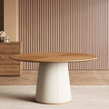 Gaoyangjiaju 59.05 Inch Round Dining Table for Dining Room with Parquet Top and Leather-Upholstered Base