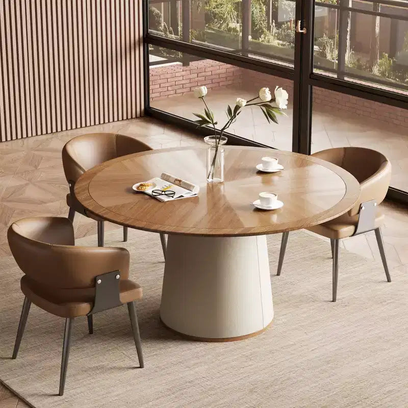 Gaoyangjiaju 59.05 Inch Round Dining Table for Dining Room with Parquet Top and Leather-Upholstered Base