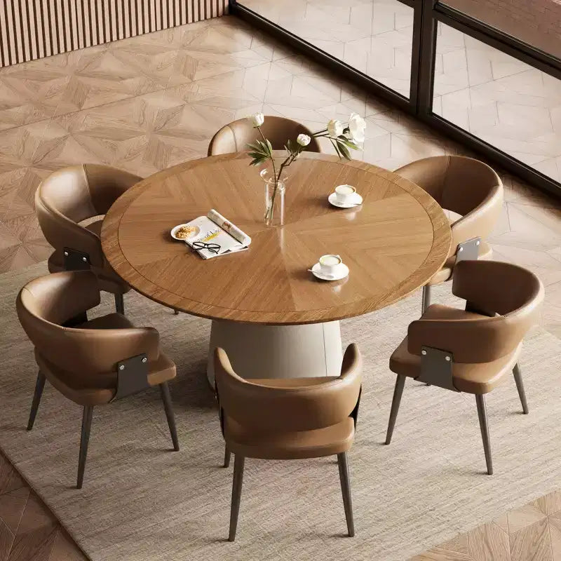 Gaoyangjiaju 59.05 Inch Round Dining Table for Dining Room with Parquet Top and Leather-Upholstered Base