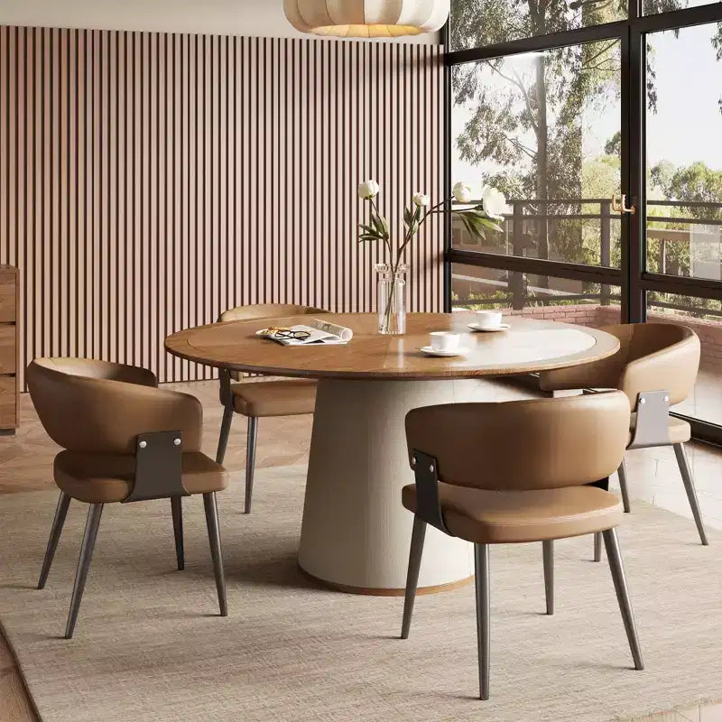 Gaoyangjiaju 59.05 Inch Round Dining Table for Dining Room with Parquet Top and Leather-Upholstered Base