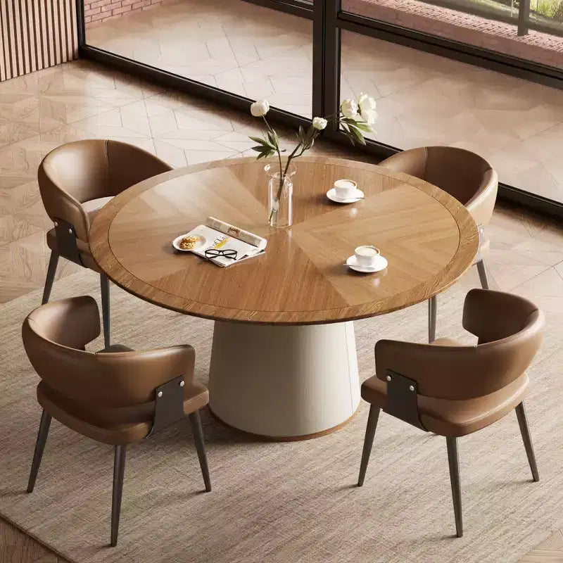 Gaoyangjiaju 59.05 Inch Round Dining Table for Dining Room with Parquet Top and Leather-Upholstered Base