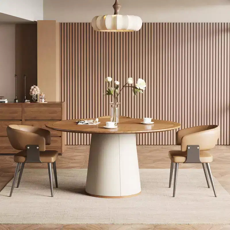 Gaoyangjiaju 59.05 Inch Round Dining Table for Dining Room with Parquet Top and Leather-Upholstered Base