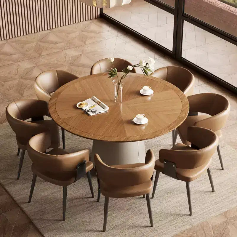 Gaoyangjiaju 59.05 Inch Round Dining Table for Dining Room with Parquet Top and Leather-Upholstered Base