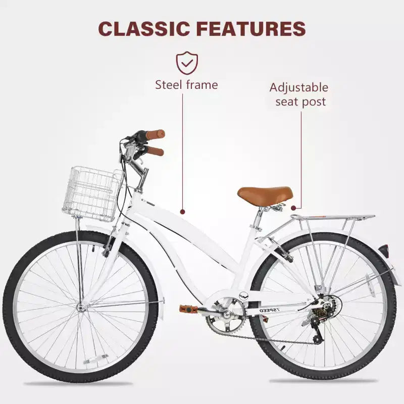 hykolity 26 Commuter Bike Beach Cruiser Bicycle City Bike Cycling 7 Speed for Adult Front Basket Rear Rack Multi Color