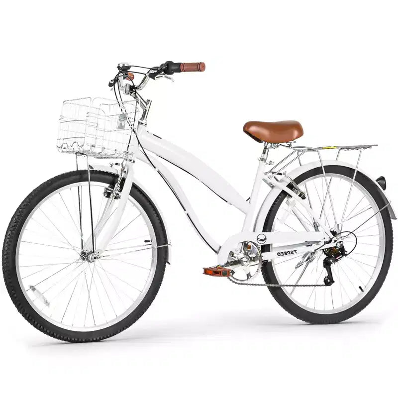 hykolity 26 Commuter Bike Beach Cruiser Bicycle City Bike Cycling 7 Speed for Adult Front Basket Rear Rack Multi Color
