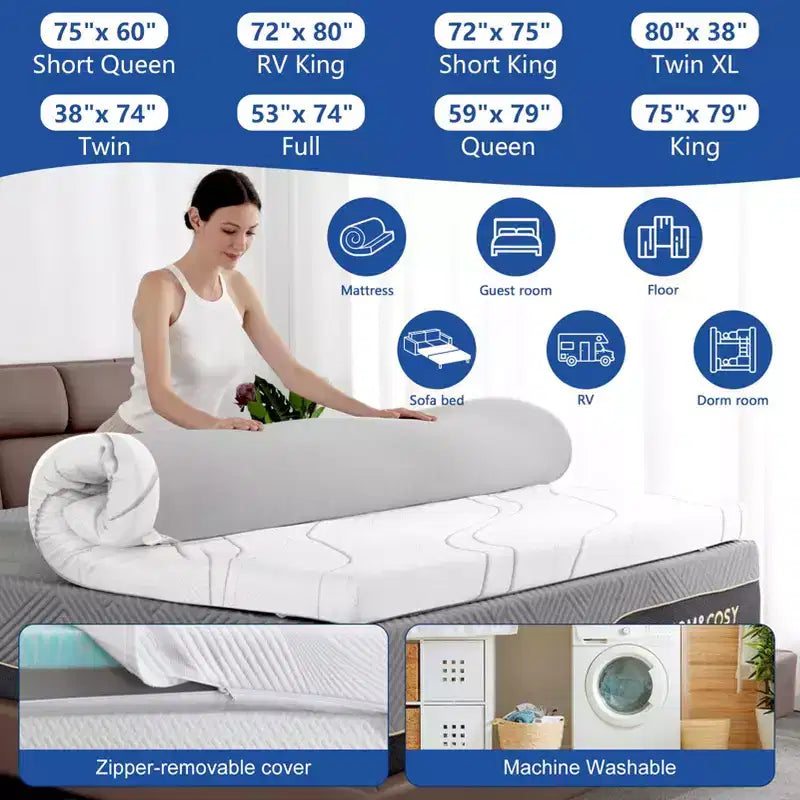 Dyonery 3 Inch Memory Foam - High Density Mattress Pad for Back Pain Relief - Breathable Washable Cover with Anti-Slip Straps