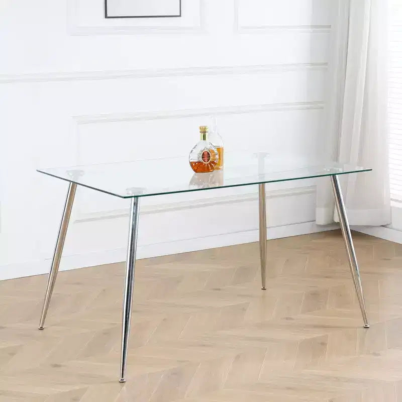 Okak Rectangle Dining Table with Tempered Glass and Metal Legs Modern Dining Table for Dining Room
