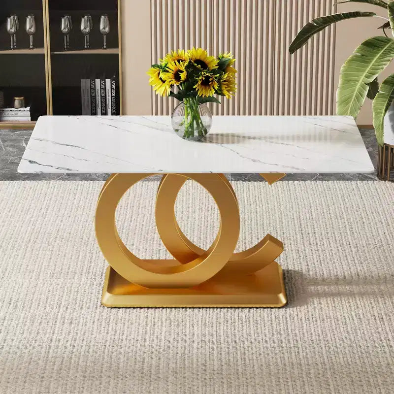 Okak Morden Dining Table Dining Room Table with Unique Base Design and Imitation Marble Top for 4 for Kitchen, Gold
