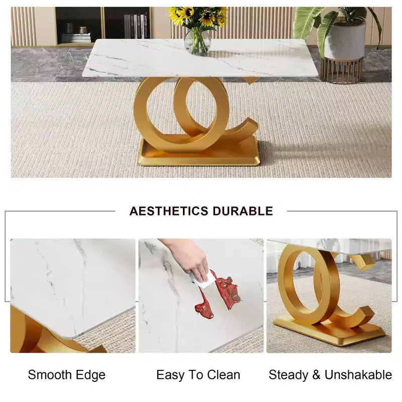 Okak Morden Dining Table Dining Room Table with Unique Base Design and Imitation Marble Top for 4 for Kitchen, Gold