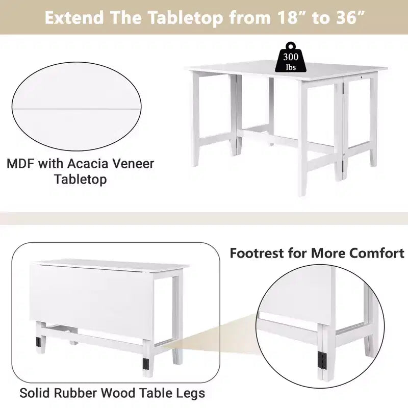 Table à manger rectangulaire extensible Okak Farmhouse avec rallonge de 45,7 cm, table de cuisine pour 4 personnes, peu encombrante, blanche