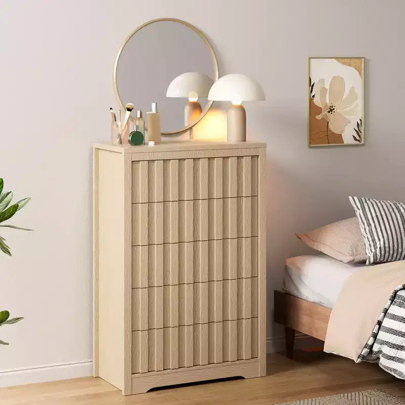 GustoWave Fluted Dresser for Bedroom with 5 Drawers,Chest of Drawers,Wooden Dresser TV Stand, Wood Clothes Closet Organizer with Deep Storage