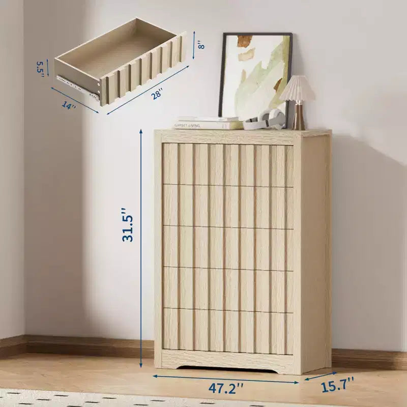 GustoWave Fluted Dresser for Bedroom with 5 Drawers,Chest of Drawers,Wooden Dresser TV Stand, Wood Clothes Closet Organizer with Deep Storage