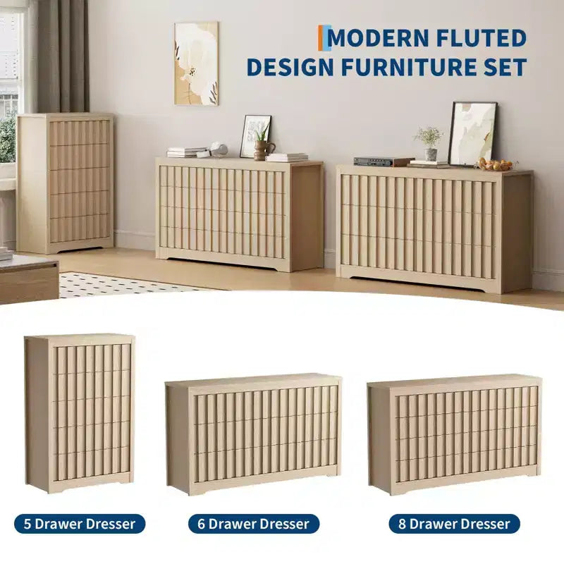 GustoWave Fluted Dresser for Bedroom with 5 Drawers,Chest of Drawers,Wooden Dresser TV Stand, Wood Clothes Closet Organizer with Deep Storage