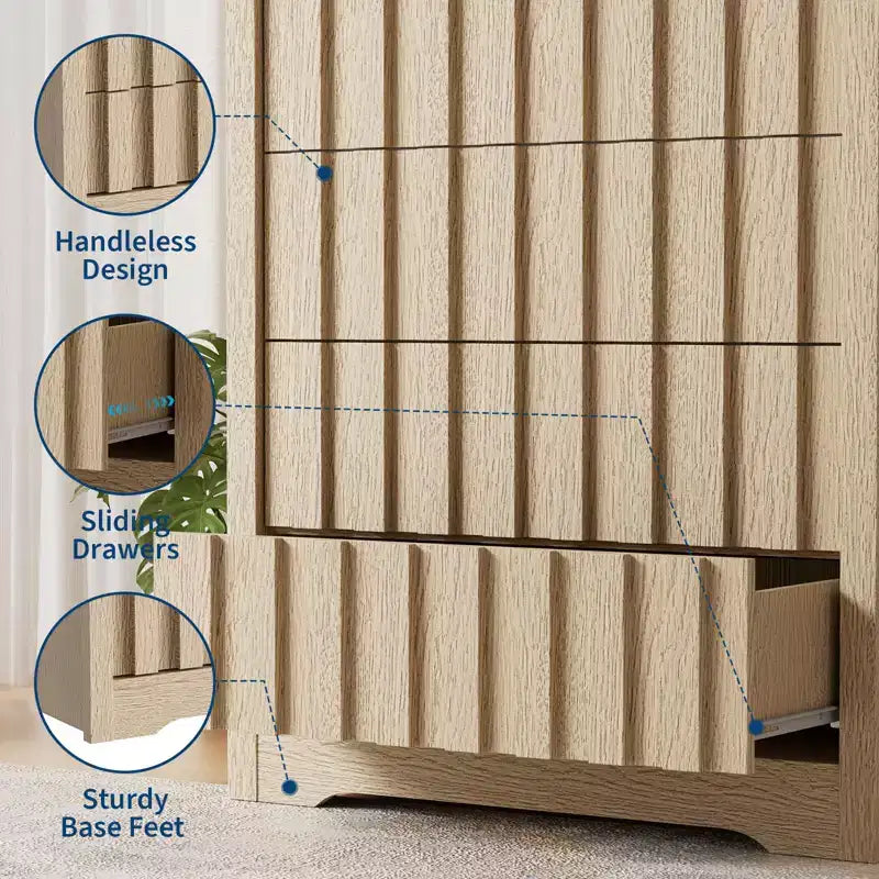 GustoWave Fluted Dresser for Bedroom with 5 Drawers,Chest of Drawers,Wooden Dresser TV Stand, Wood Clothes Closet Organizer with Deep Storage