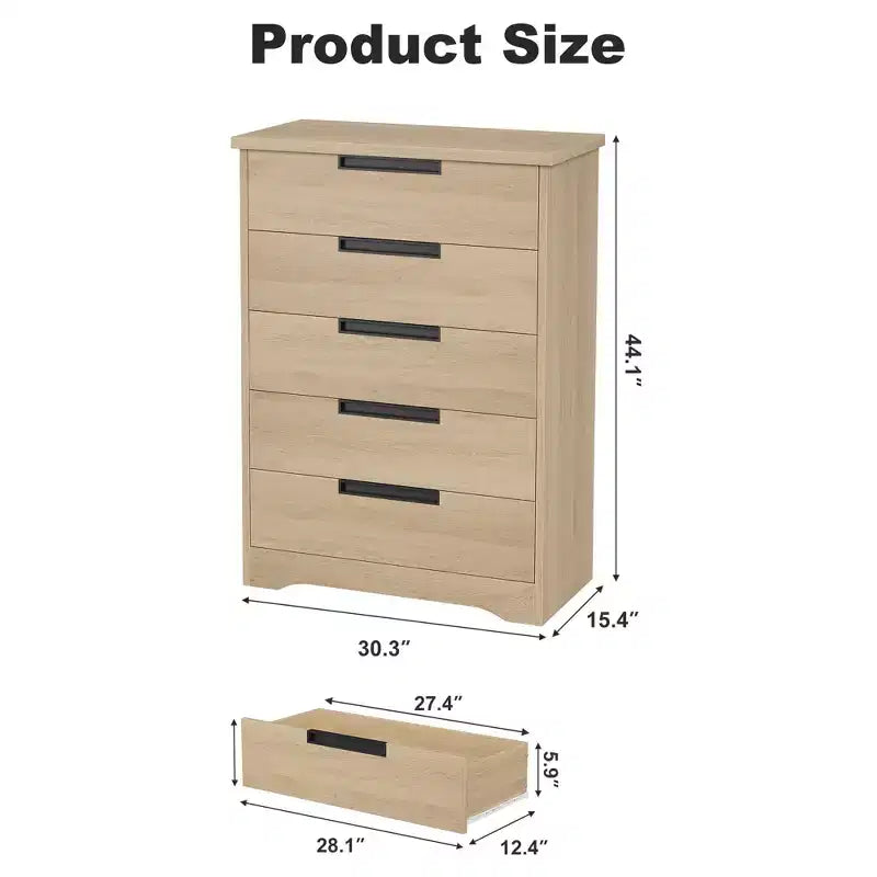 GustoWave 5 Drawer Dresser for Bedroom, Natural Chest of Drawers with Embedded Handles, Wooden Dresser Organizer for Living Room, Hallway and Entryway
